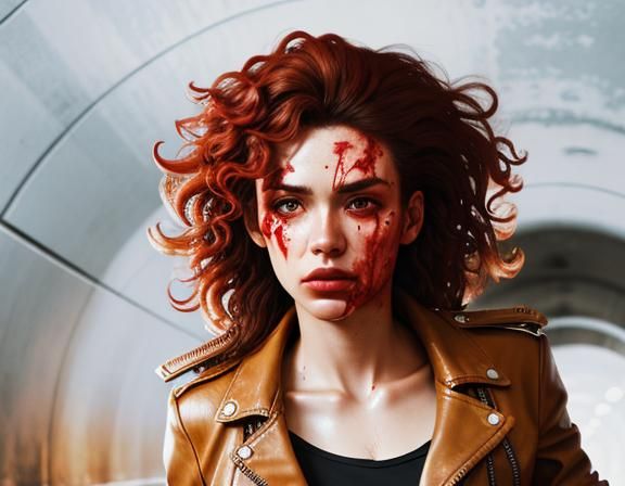 Girl in Leather Jacket with Blood, Realistic Photo