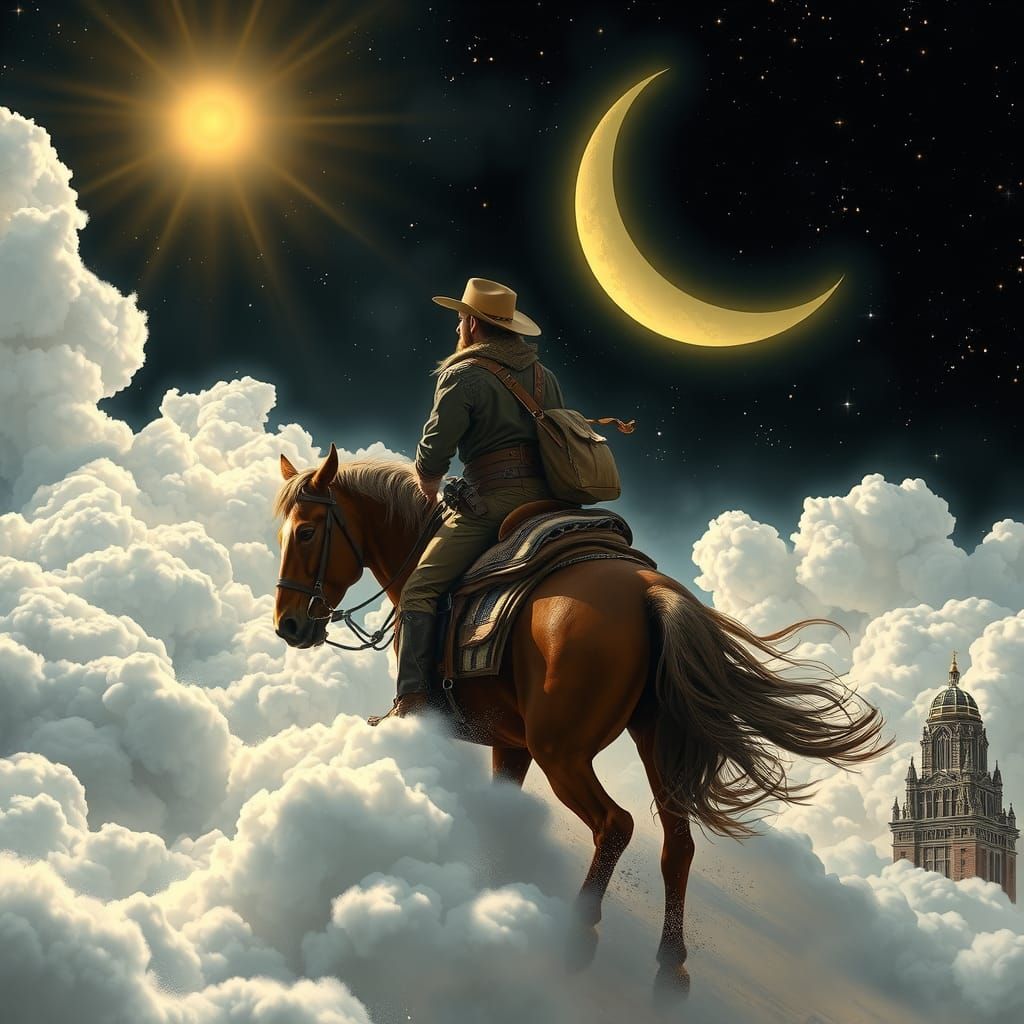 Cowboy Rides Through Clouds in Art Nouveau Style