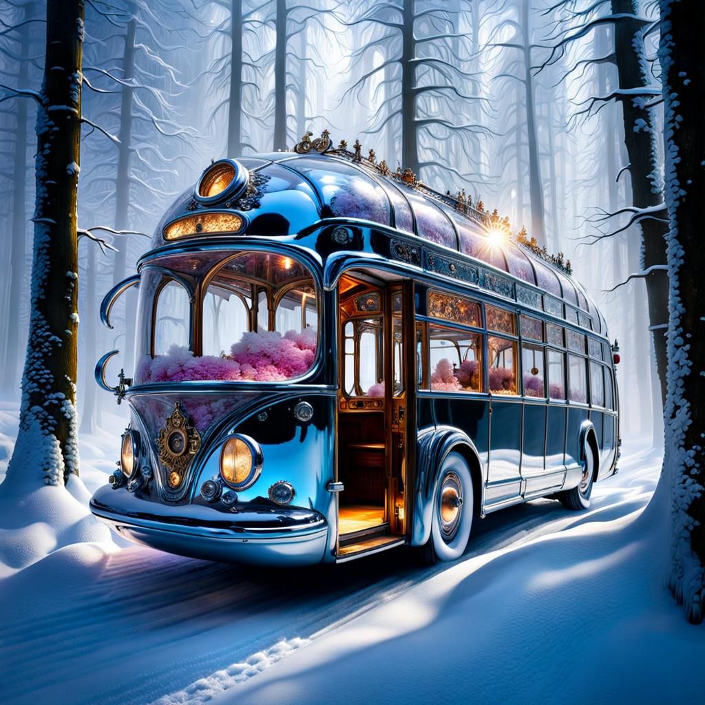 Steampunk Glass Bus in Winter Dreamscape