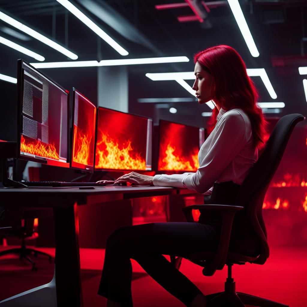 Infernal Office: Woman Working Amidst Flames