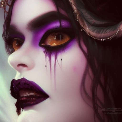 Anti-Valentine’s Day Young gothic lady with sad eyes crying& Black eyeshadow& Black eyeliner& purple lipstick