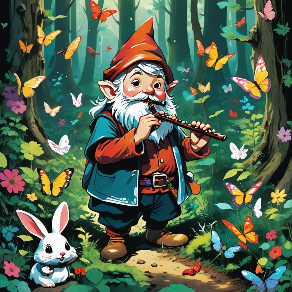 a friendly gnome plays the flute in the forest,