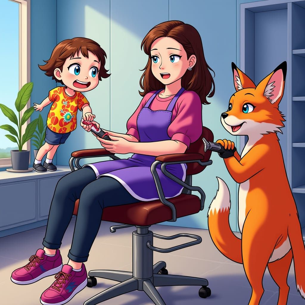 Girl Gets Haircut From Fox in Vibrant Digital Art