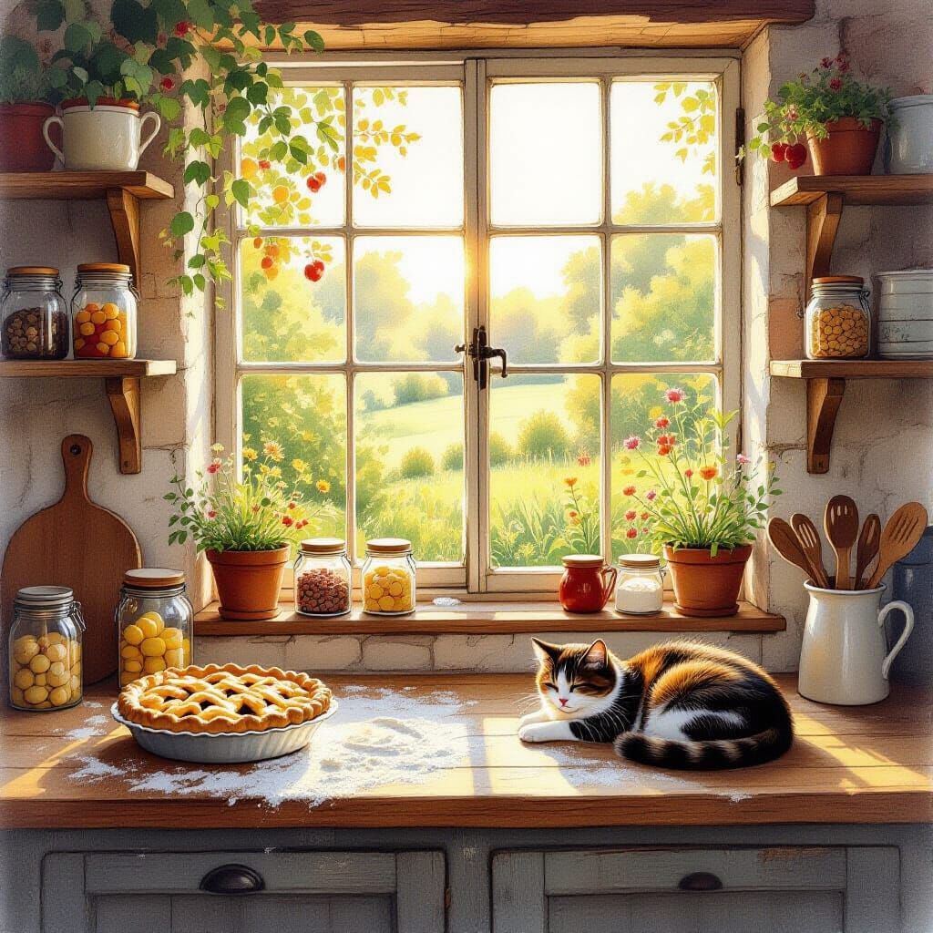 Cozy Cottage Kitchen at Golden Hour with Apple Pie