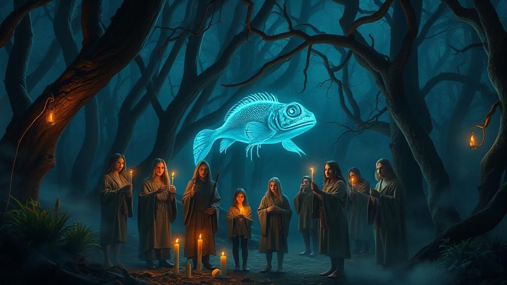 Mystical Blue Frog Fish in Eerie Forest