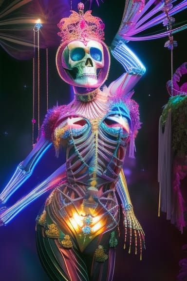 Sparkling Skeleton Showgirl in Digital Acrylic Art