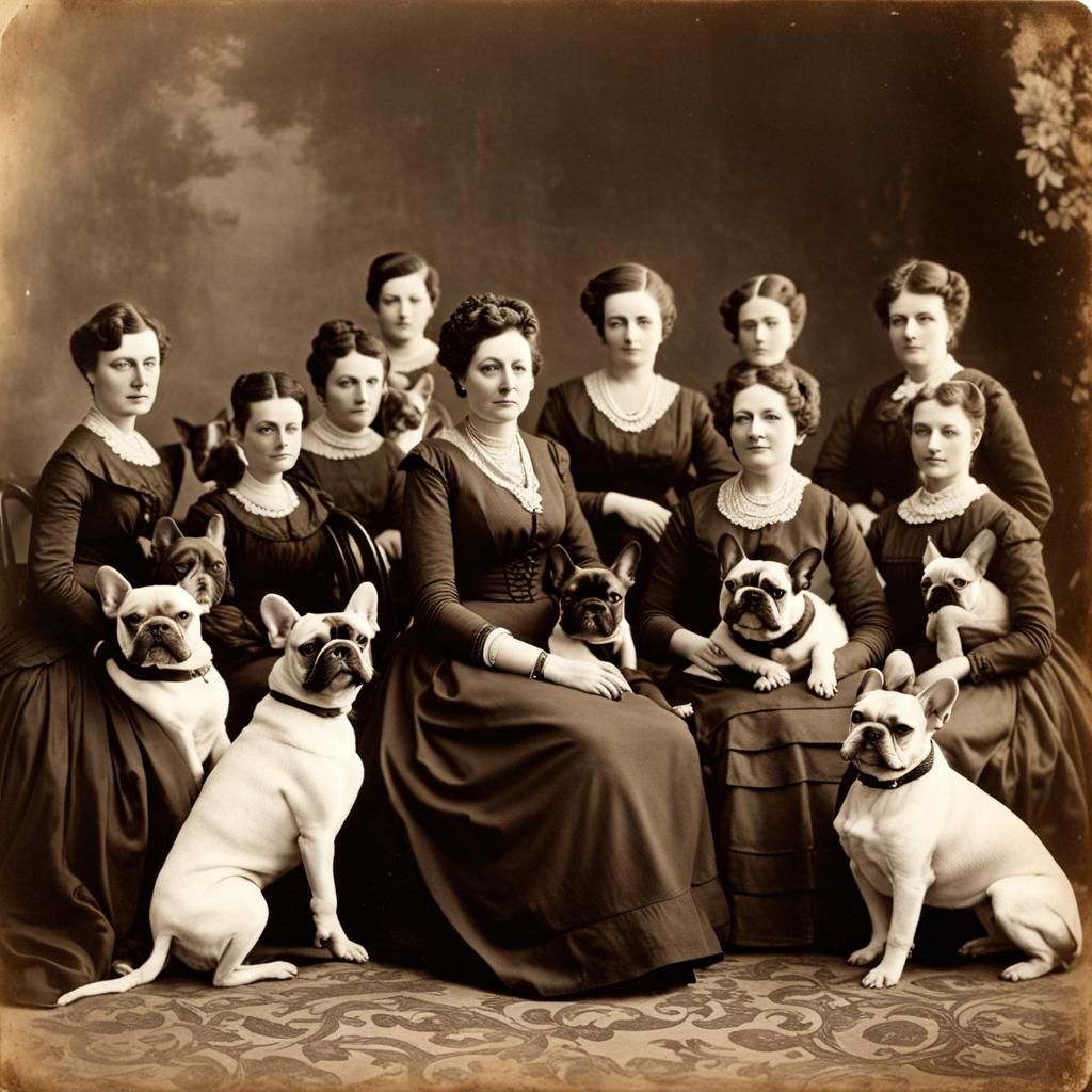 Sepia Photograph of Woman with Bulldogs and Dragon