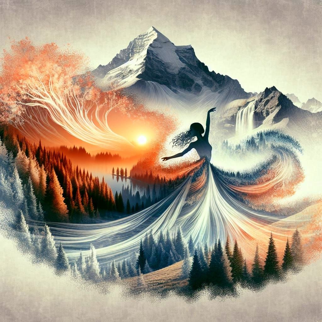 Surrealist Pointillism Scene: Ethereal Dancer in Mountain La...