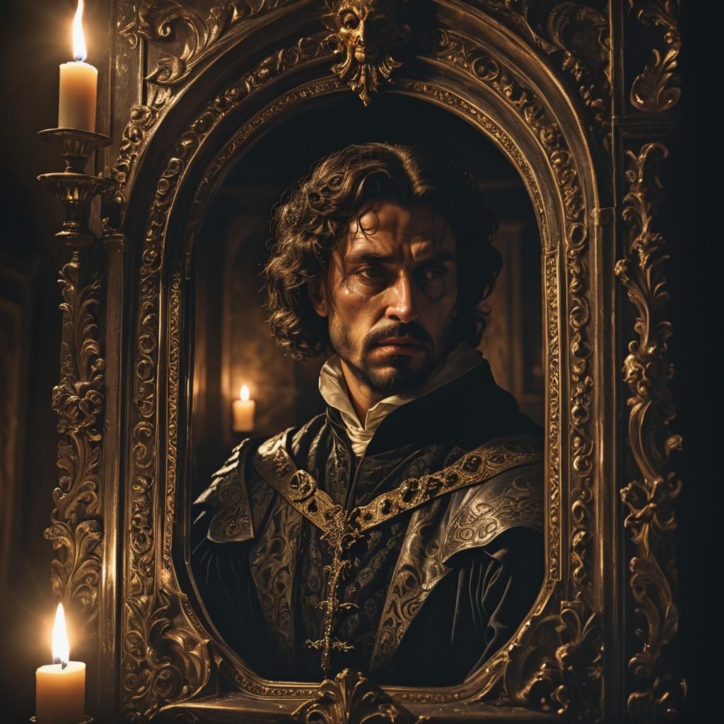 Haunted King's Reflection in Gothic Horror Style