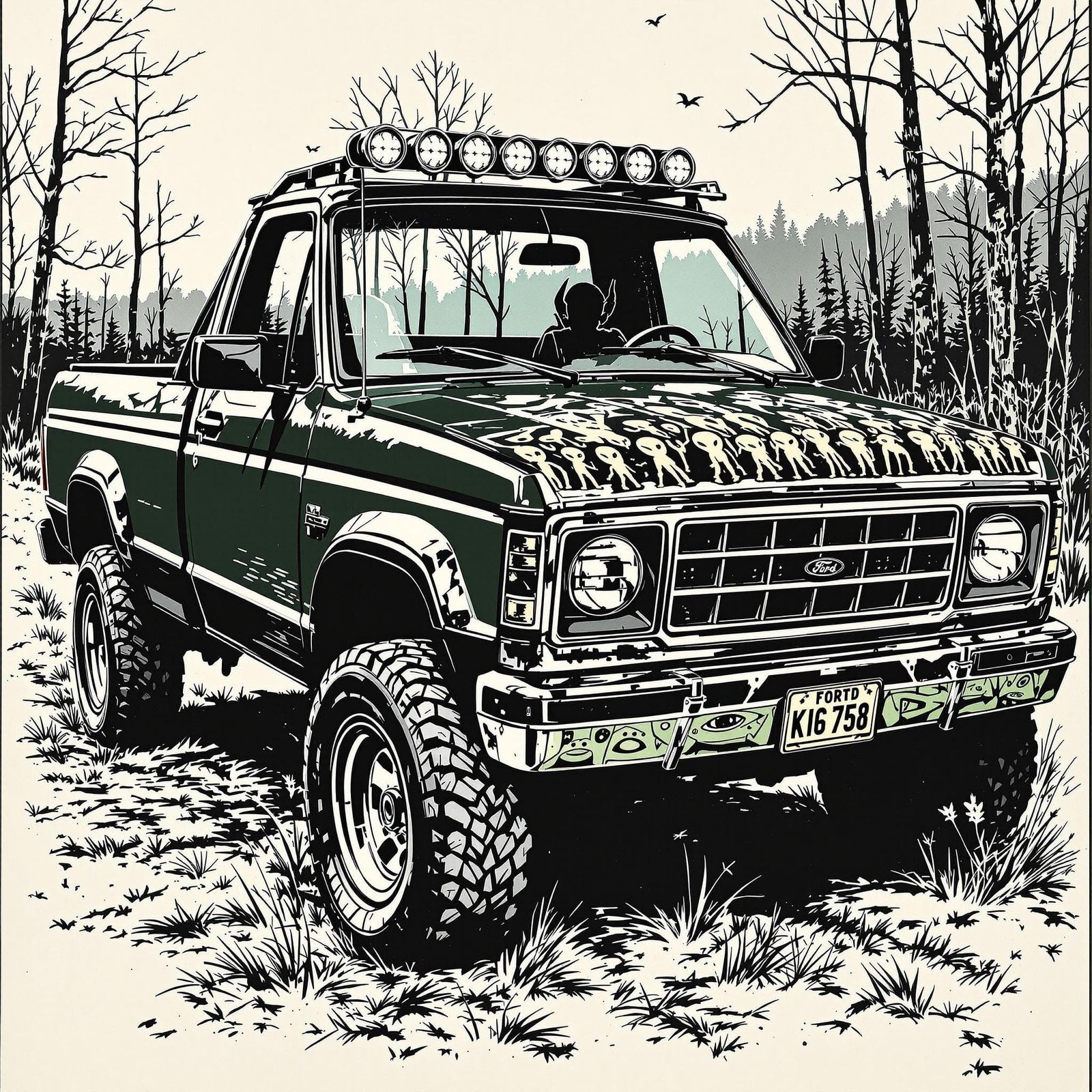 Retro Truck in Dark Forest Green with Neon Rave Scene