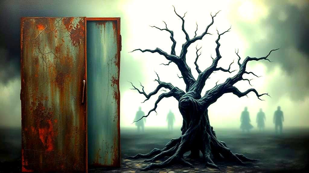 Mysterious Abandoned Portal in Foggy Landscape