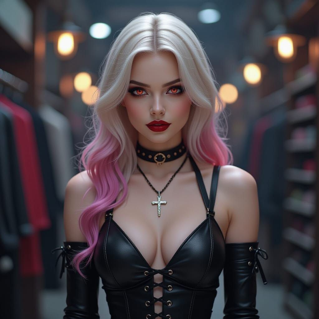 Gothic Vampire with Pink Tipped Hair, Dark Fantasy Style