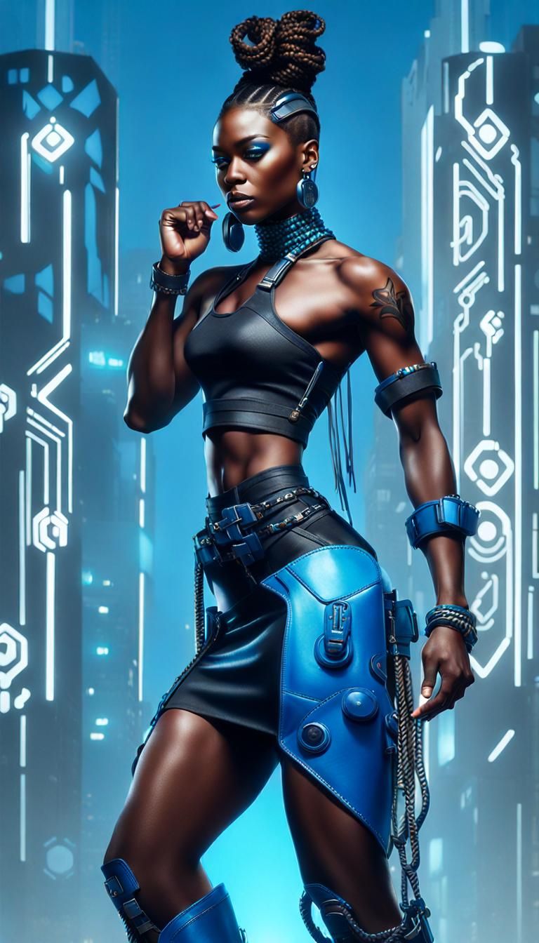 Cyberpunk Woman with Braided Mohawk and Cyborg Legs