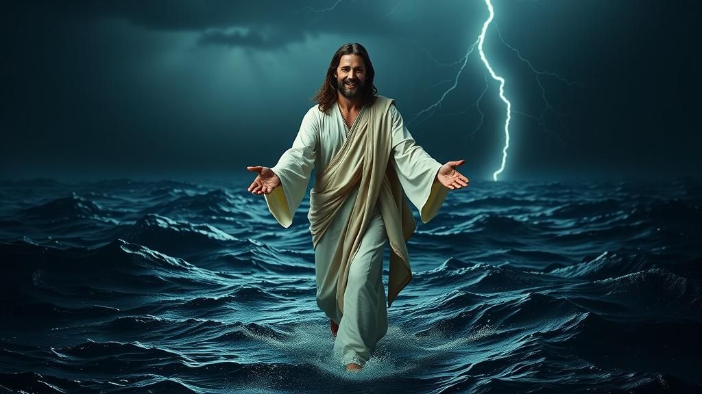 Jesus Christ Walks on Water in Stormy Night