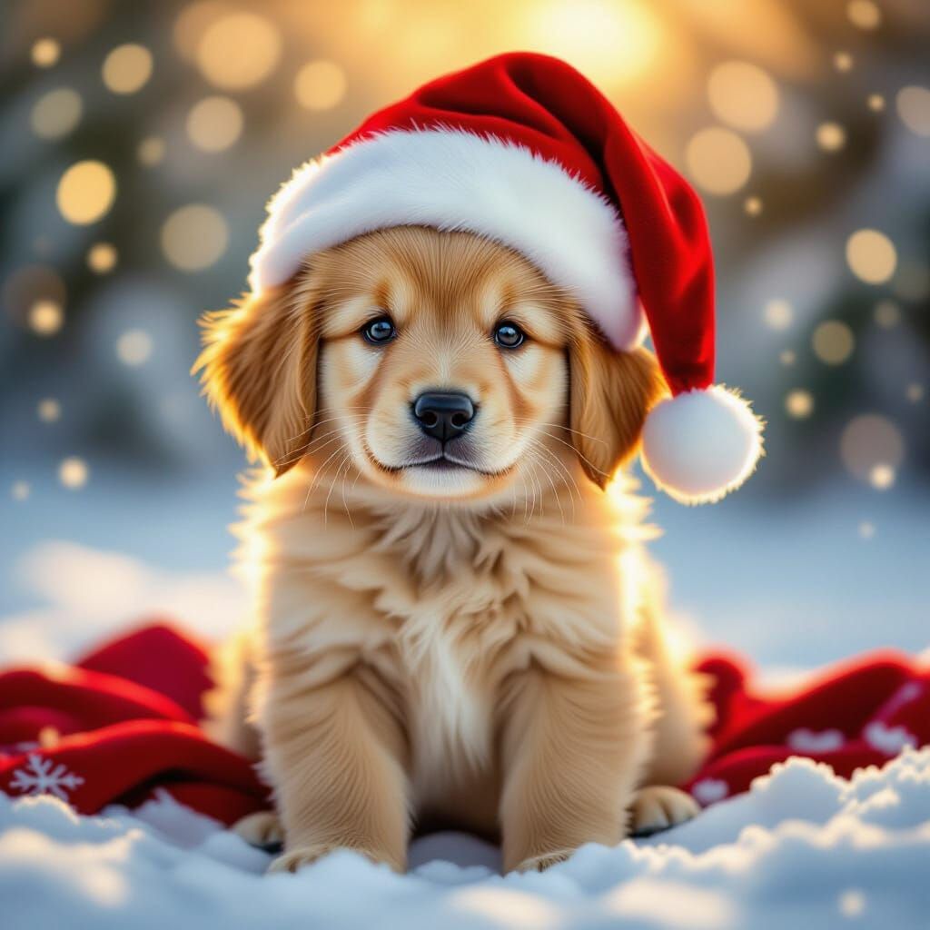 Fluffy Golden Retriever Puppy in Santa Hat