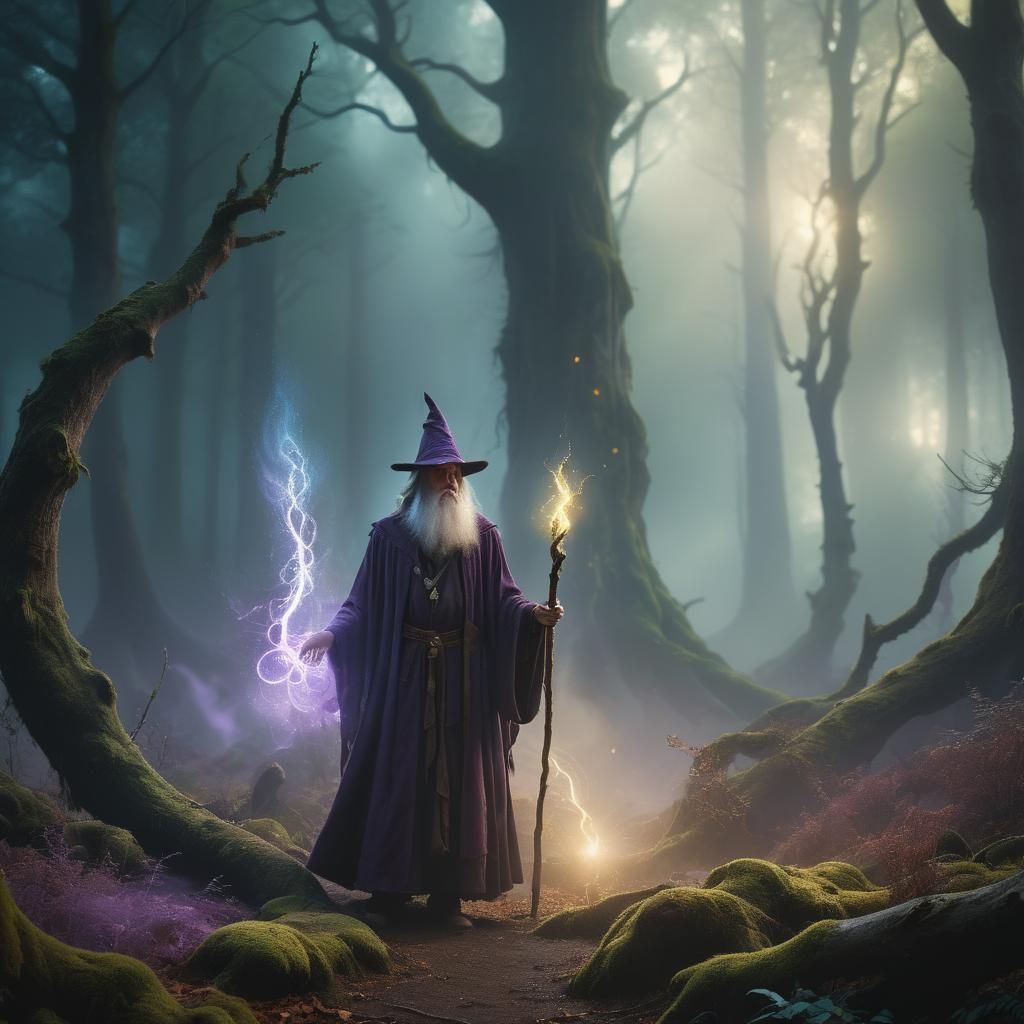 Wizard in Misty Forest with Glowing Runes
