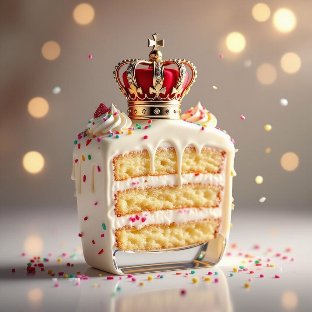 Perfume Bottle Cake with Crown and Sprinkles