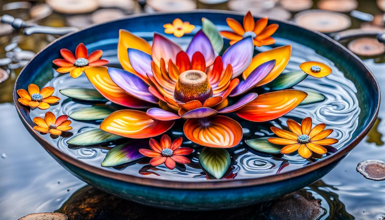 Intricate Metal Flowers in Burning Oil Fountain