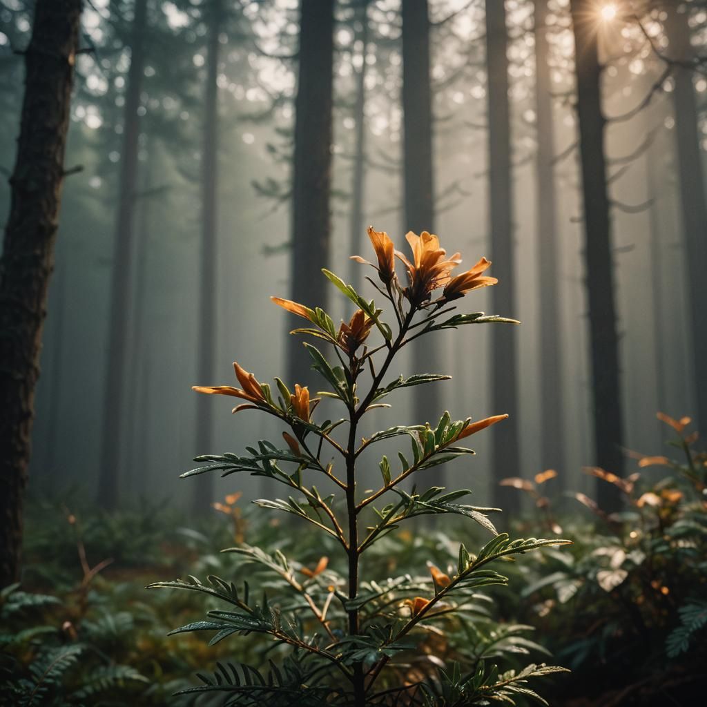 Misty Forest: Evergreen Plant with Brown Flower