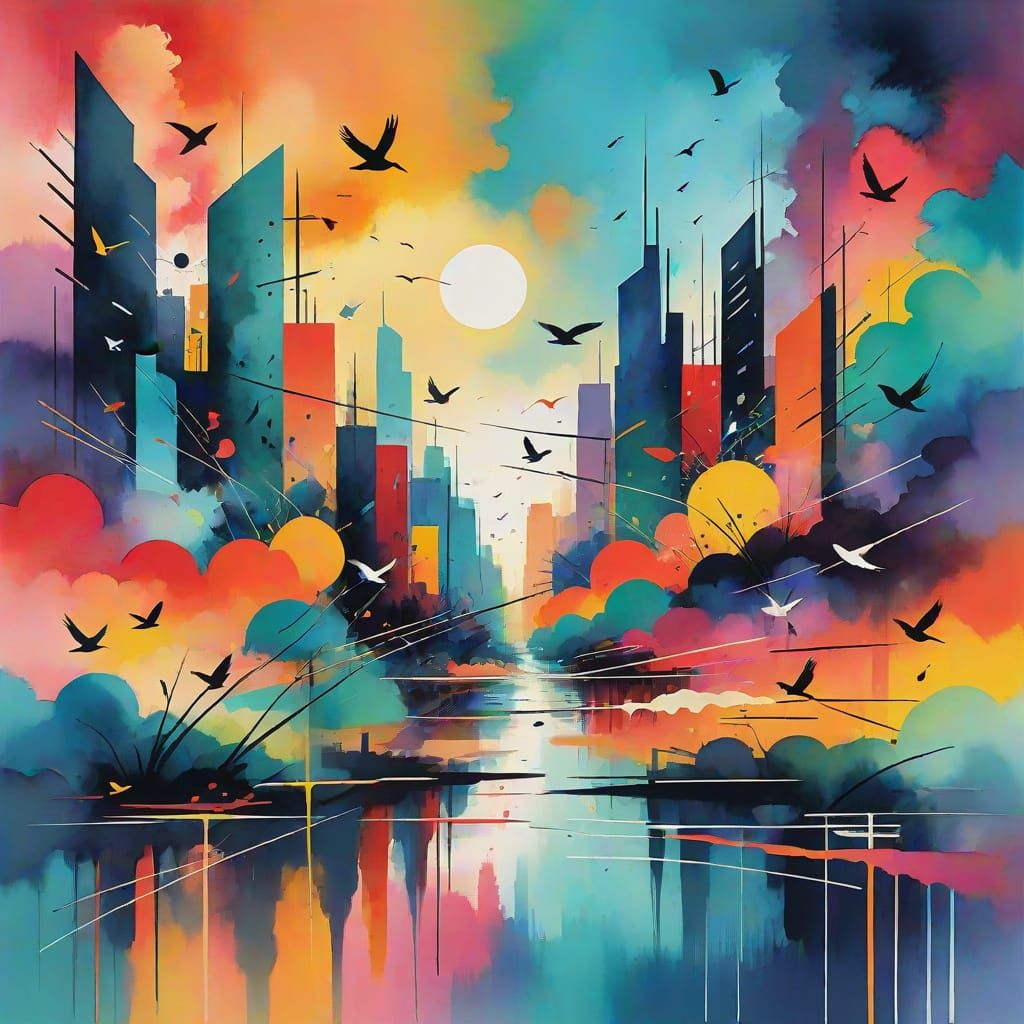 Vibrant Cityscape in Dreamy Watercolor Style