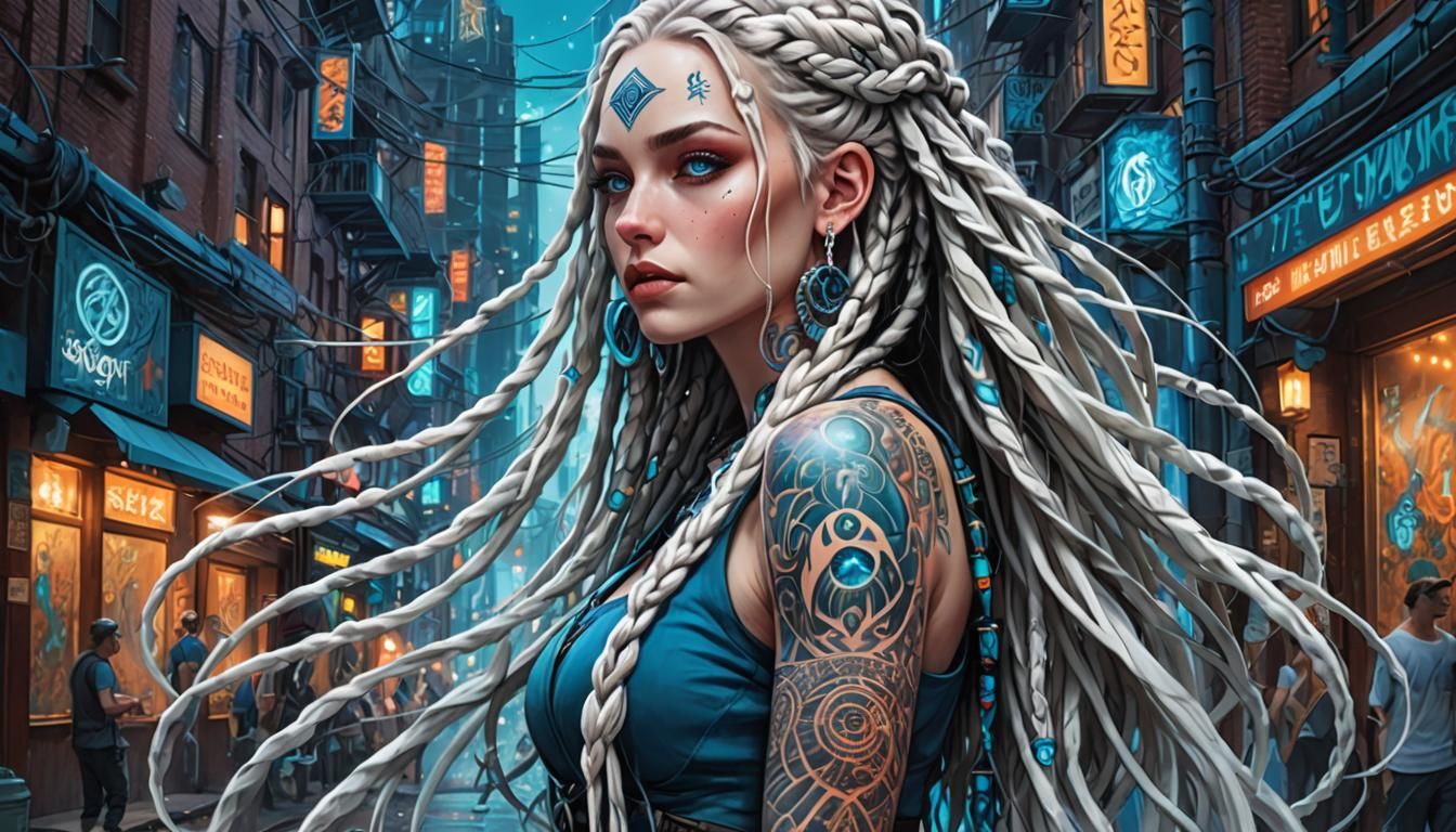 Arcane Tattooed Woman in Bioluminescent City