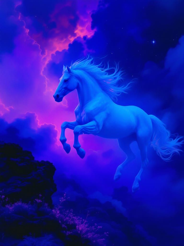 Mystical Horse Leaping Through Starry Violet Sky