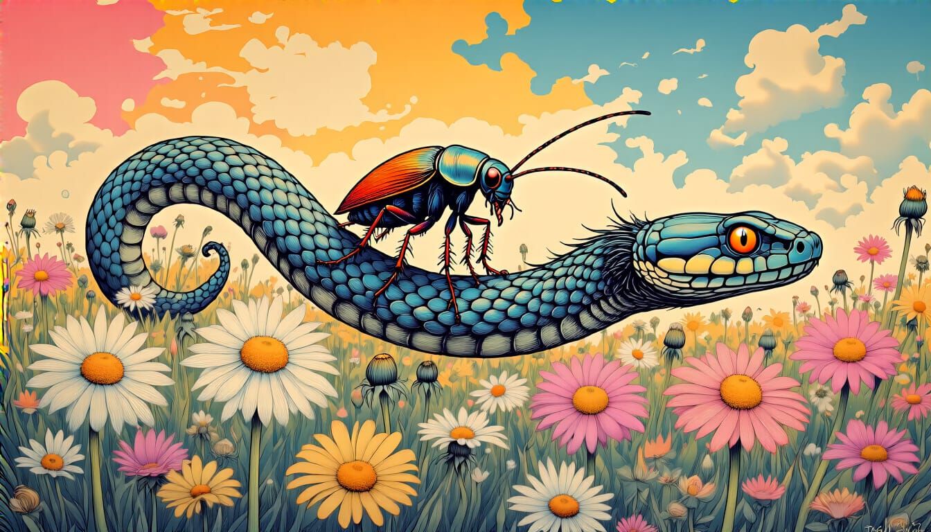 Psychedelic Cockroach on Snake in Floral Field