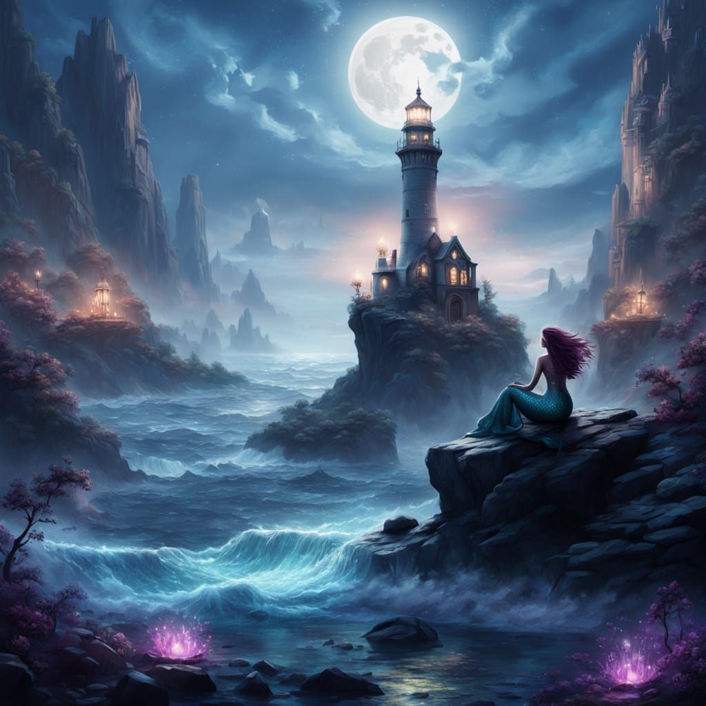 Mermaid Gazing at Lighthouse in Dreamy Fantasy