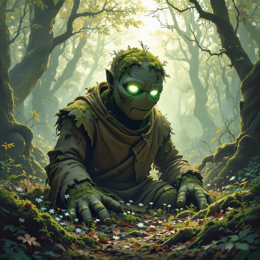 Mossy Stone Golem Awakens in Sunlit Forest, Impressionist St...