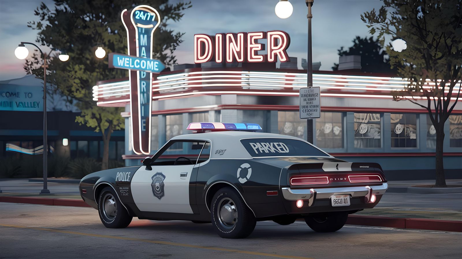 Classic Muscle Car Police Vehicle at Neon Diner
