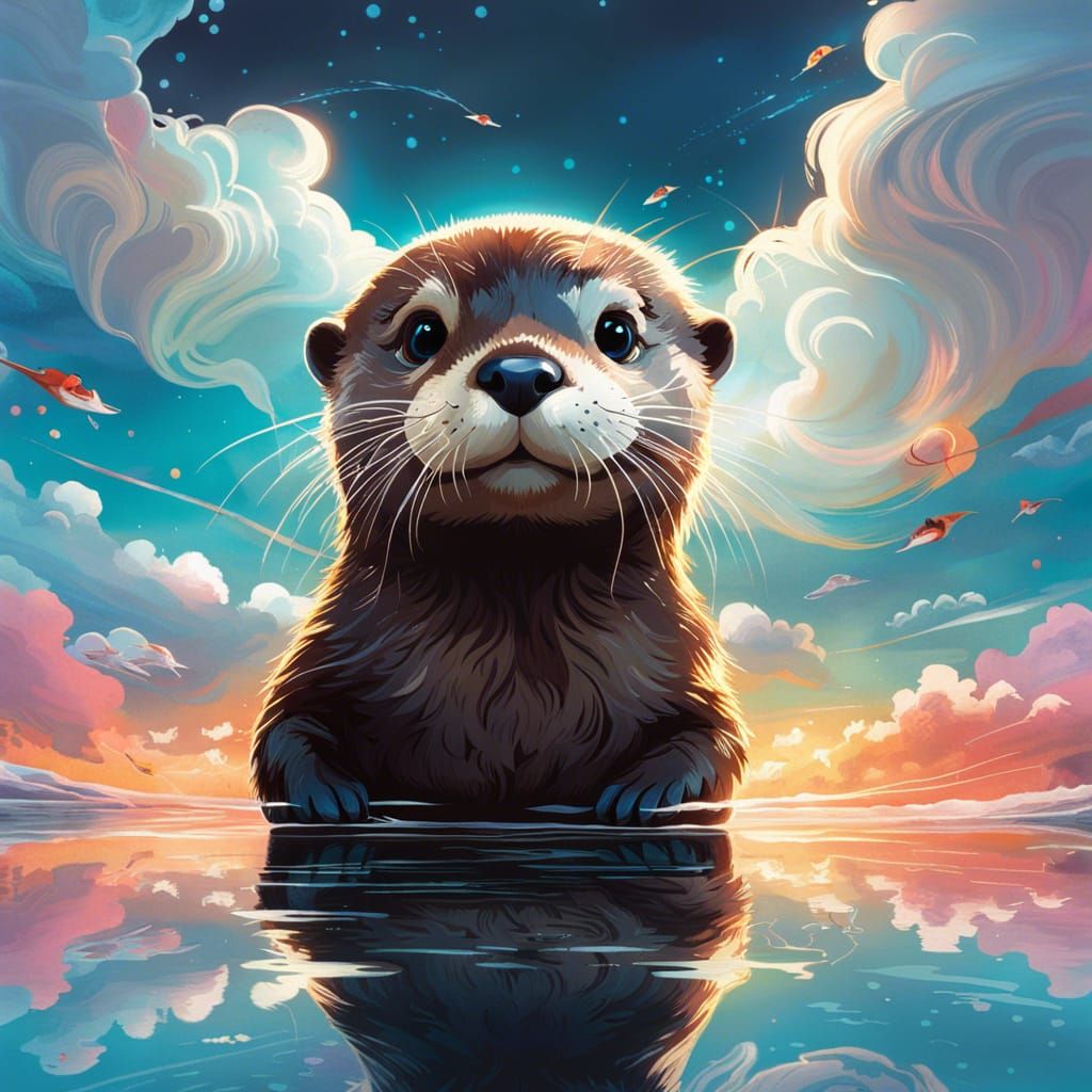 Adorable Otter in the Clouds Ink Art