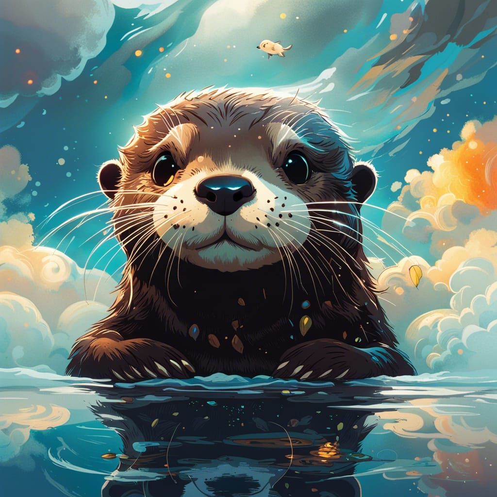 Otter in Clouds Ink Art: Anime Wallpaper Style