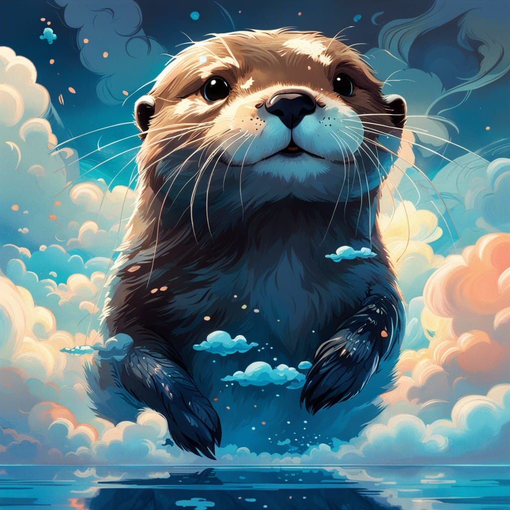 Otter in Clouds: Ink Art with Glowing Eyes