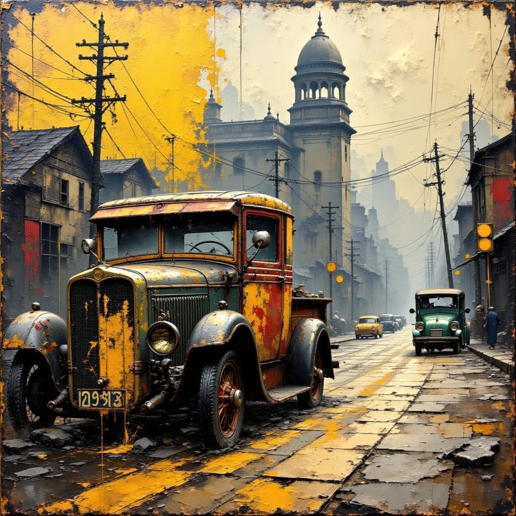 1920s Cityscape with Vintage Car in Impasto Style