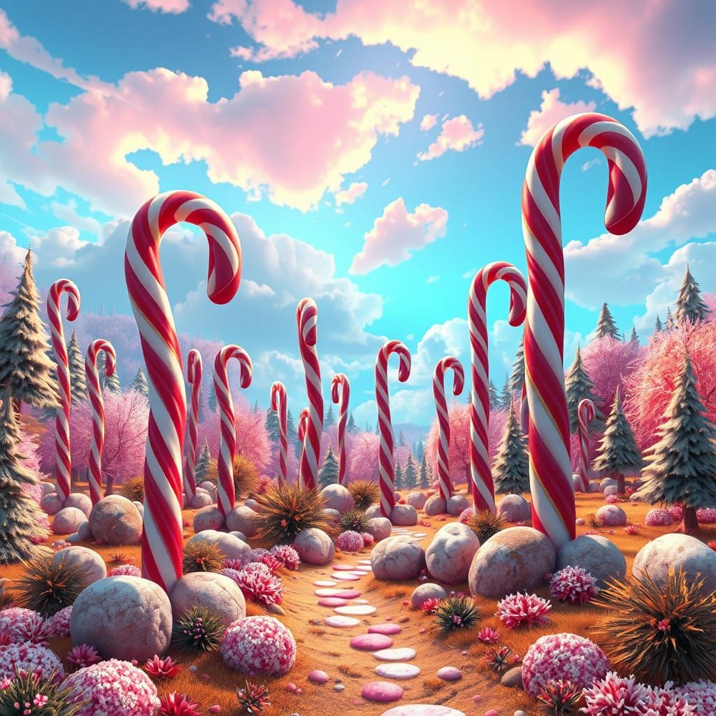 Whimsical Candy Cane Forest in Dreamlike Detail