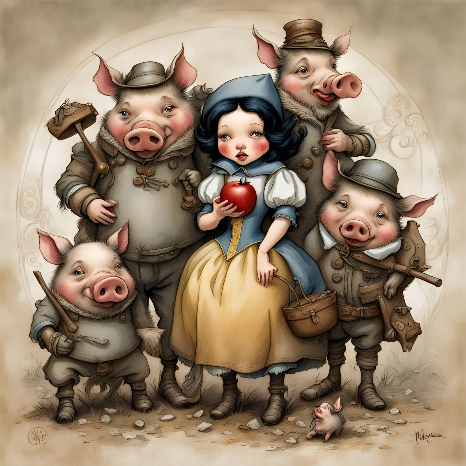 Snow White and The 3+1 Little Pigs😉 P.S. plus a minuscule thingy of what appears to be a tiny piglet