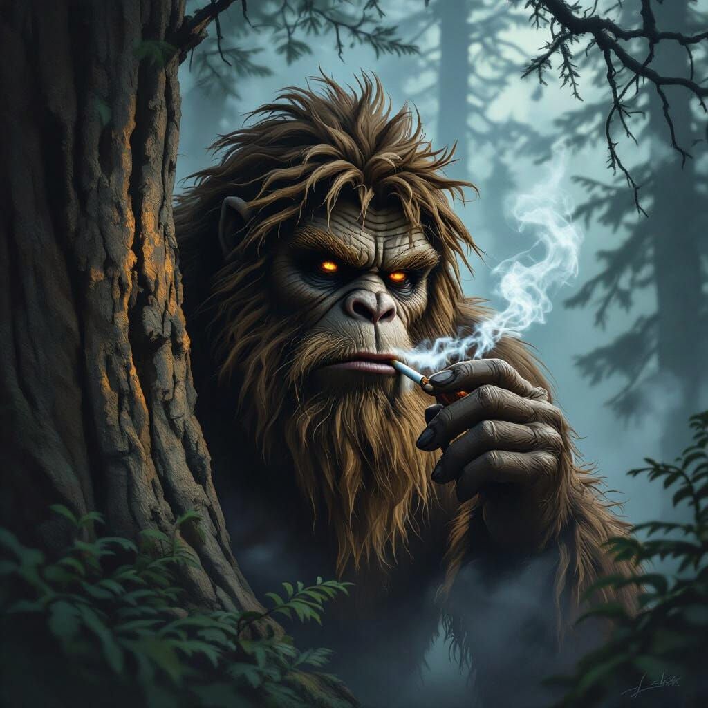 Bigfoot Smoking in Misty Forest: Hyperrealistic Digital Pain...