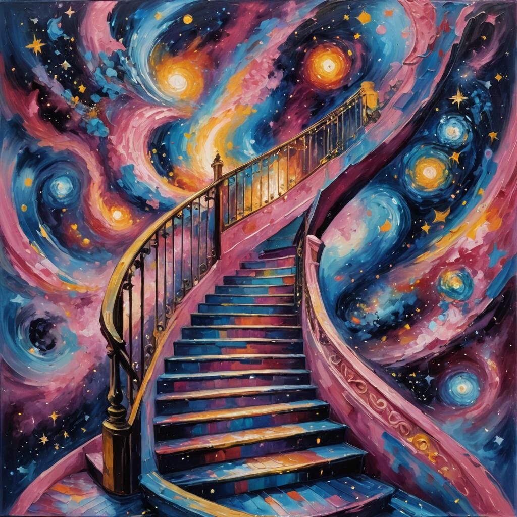 Ethereal Staircase in Space as Impasto Oil Painting