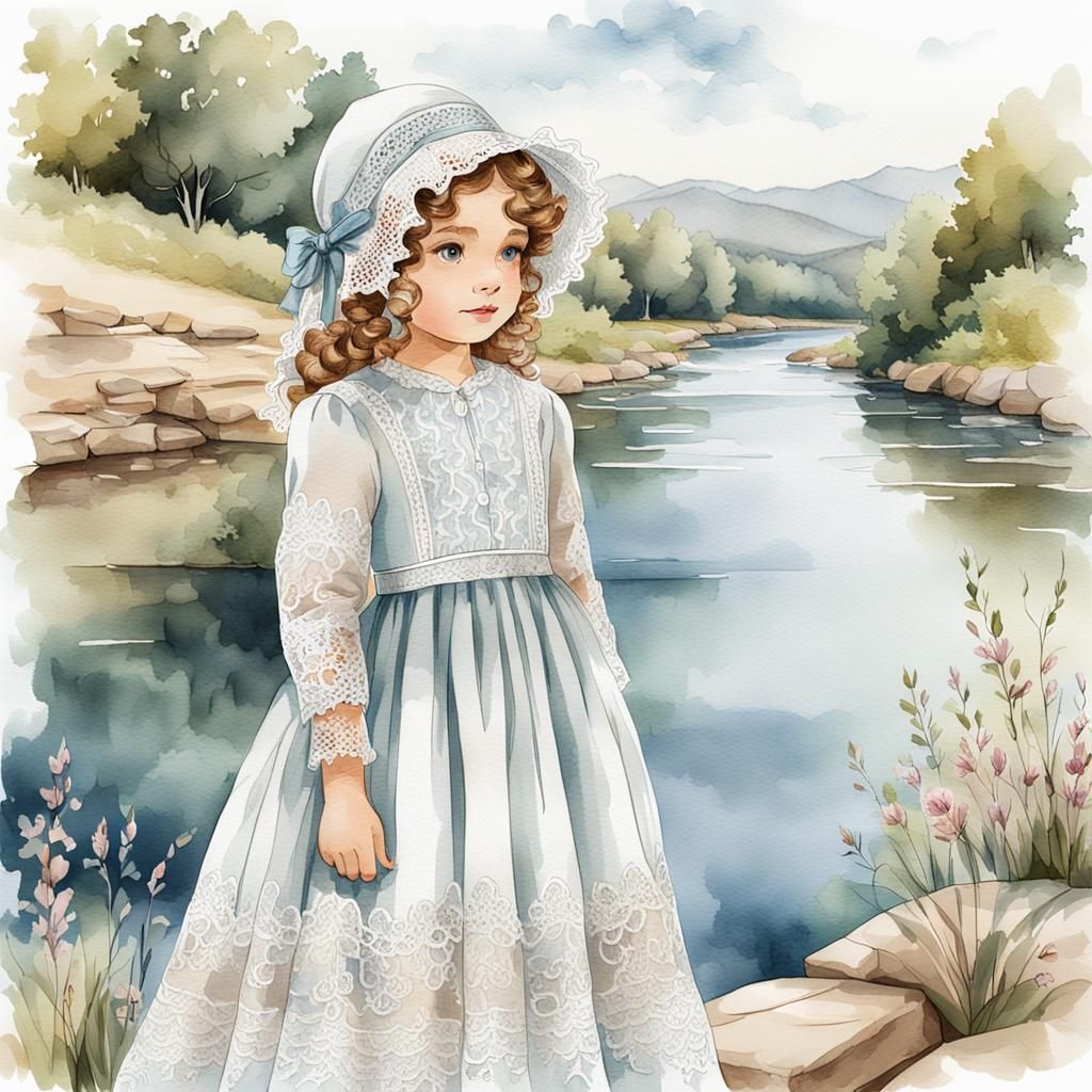 Girl in Lace Bonnet: Digital Watercolor Landscape