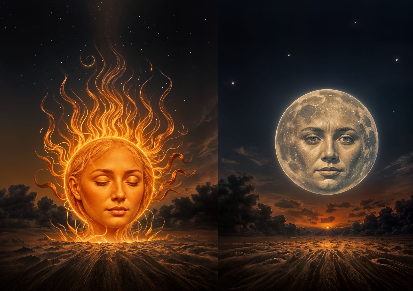 Hyperrealistic Sun Descends as Moon Ascends