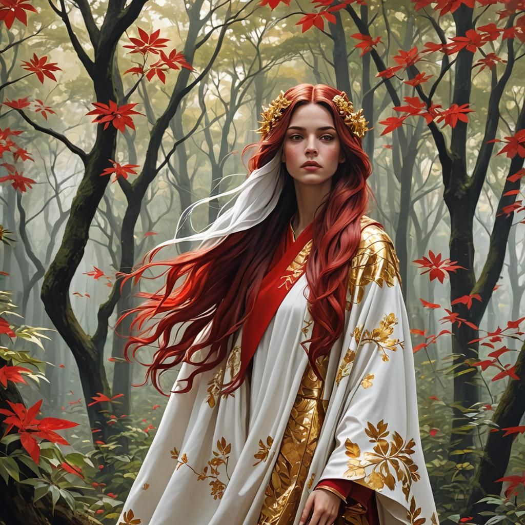 Red-Haired Forest Nymph in Silk Cape