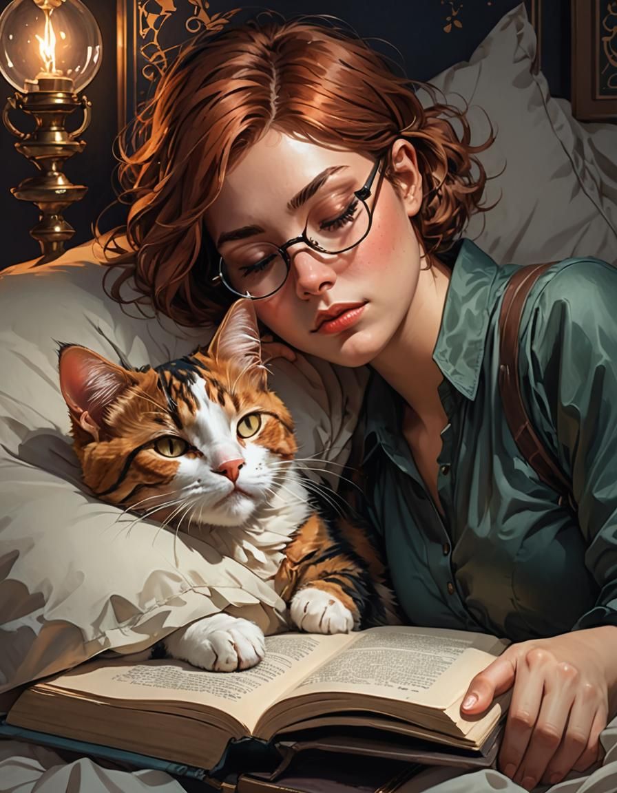 Auburn-Haired Woman Sleeping with Kitten, Hyperdetailed Art
