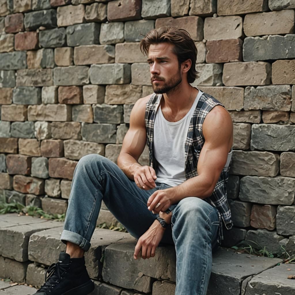 Contemplative Man in Jeans: Cinematic Film Still