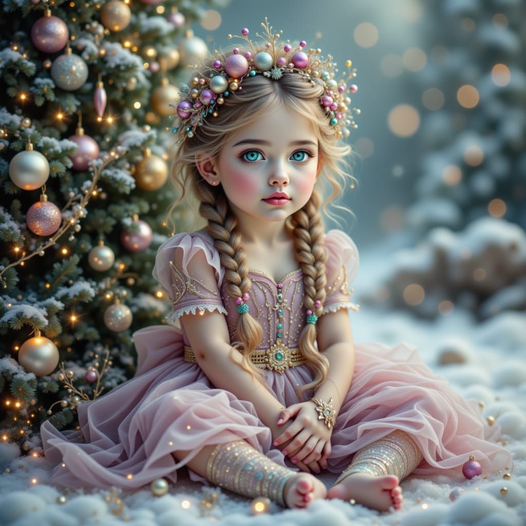 Whimsical Toddler by Snowy Christmas Tree