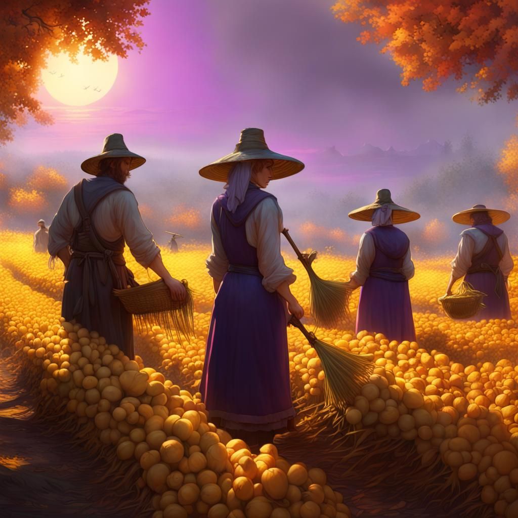 Pilgrims Harvesting Autumn Crops: A Dark Fantasy Masterpiece