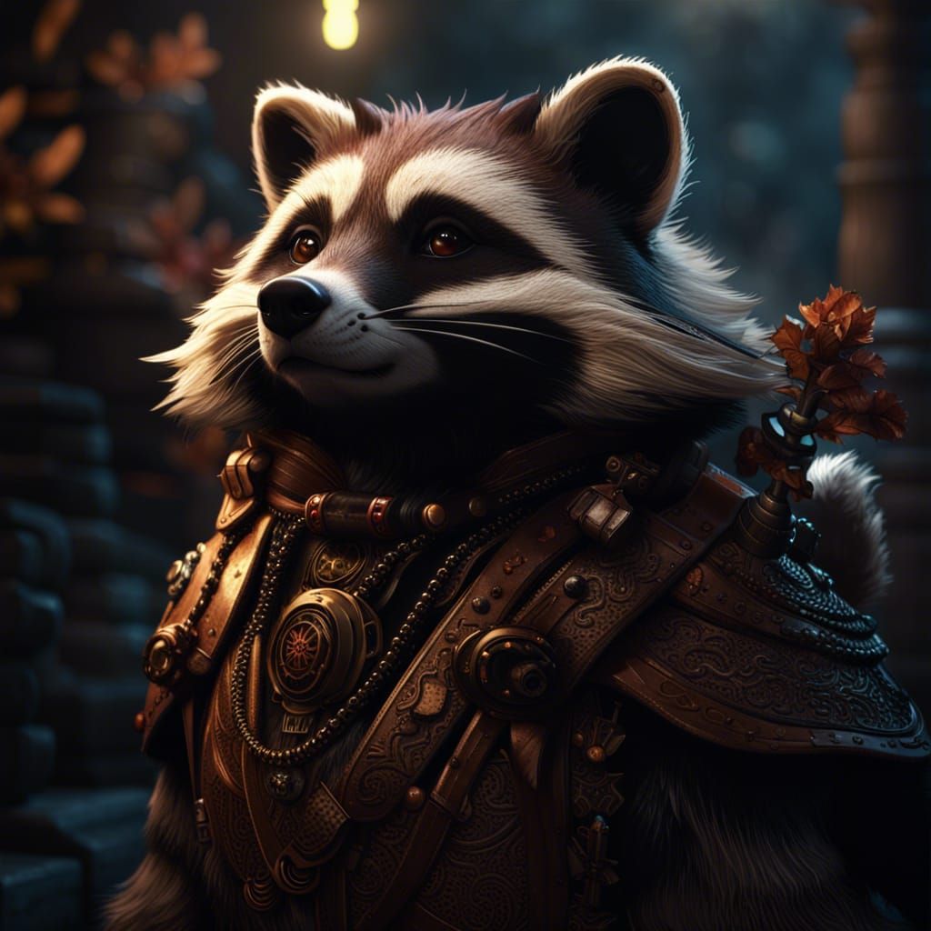 Armored Tanuki in Dark Fantasy Style