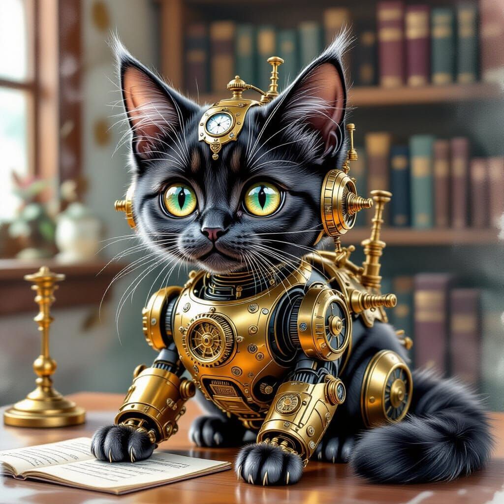 Steampunk Bombay Cat Robot in Watercolor Style