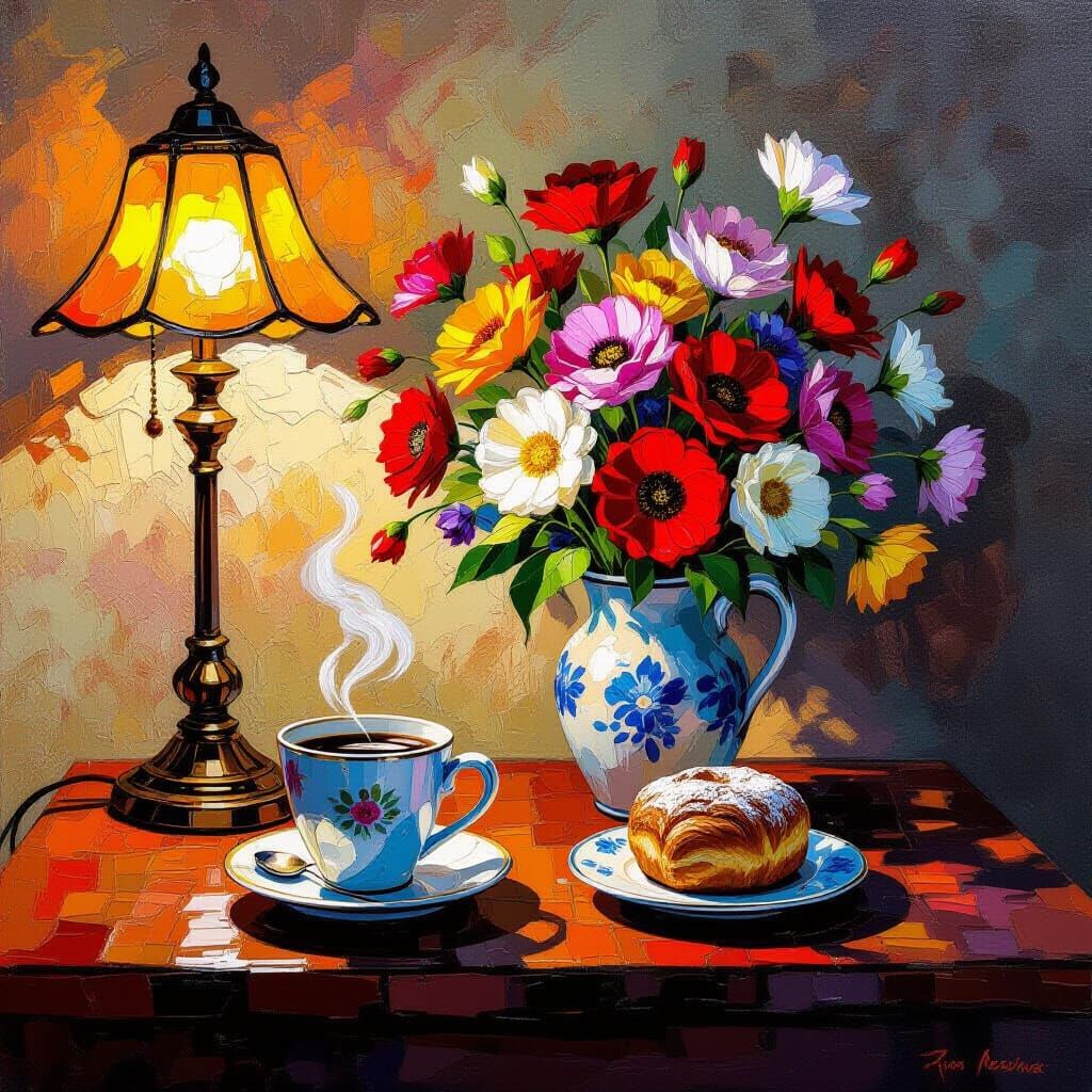 Cozy Cafe Still Life: Flowers, Coffee & Pastry in Impasto St...