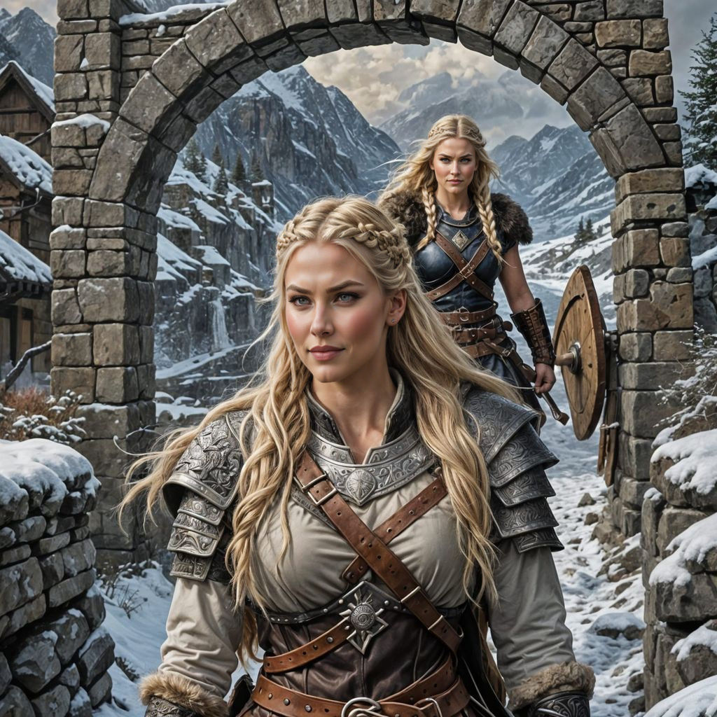 Viking Shieldmaiden Blocks Bridge in Oil Painting