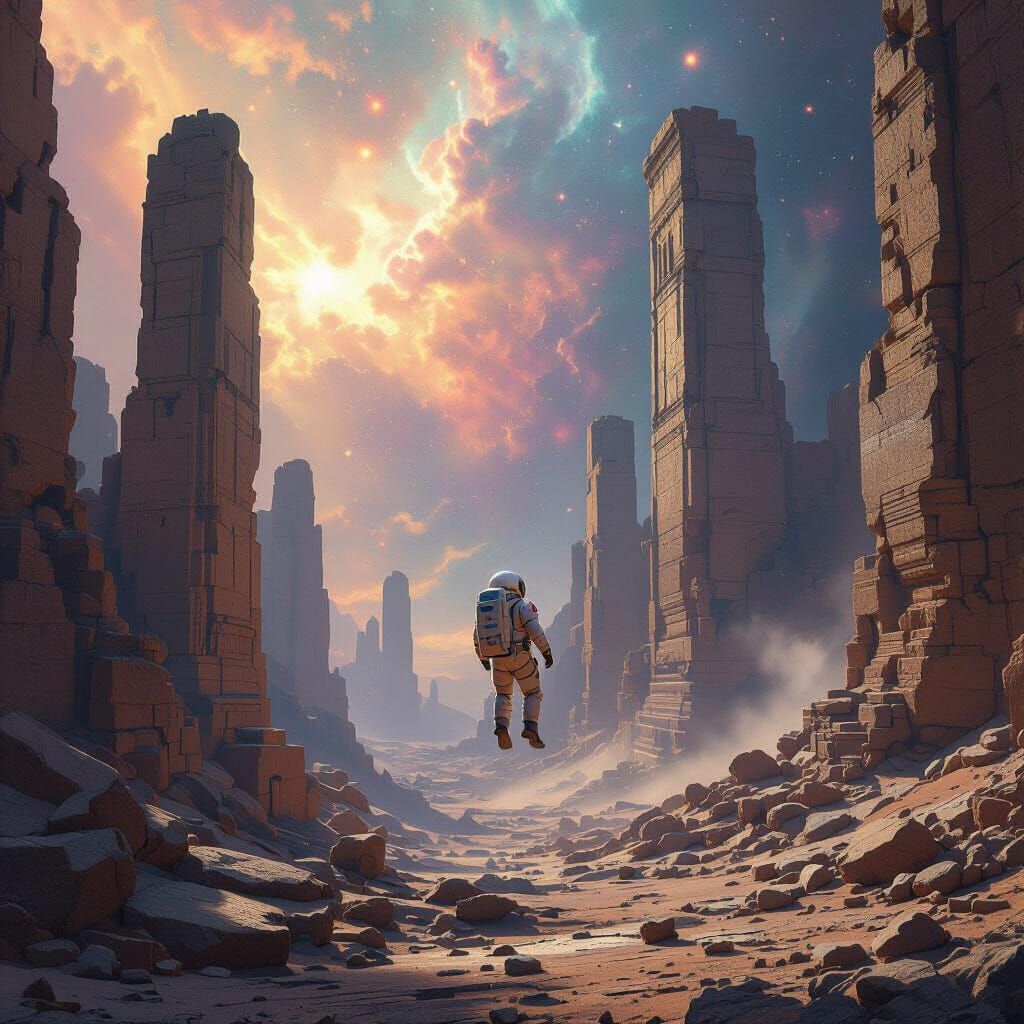 Astronaut Exploring Ancient Ruins Under Nebula Glow